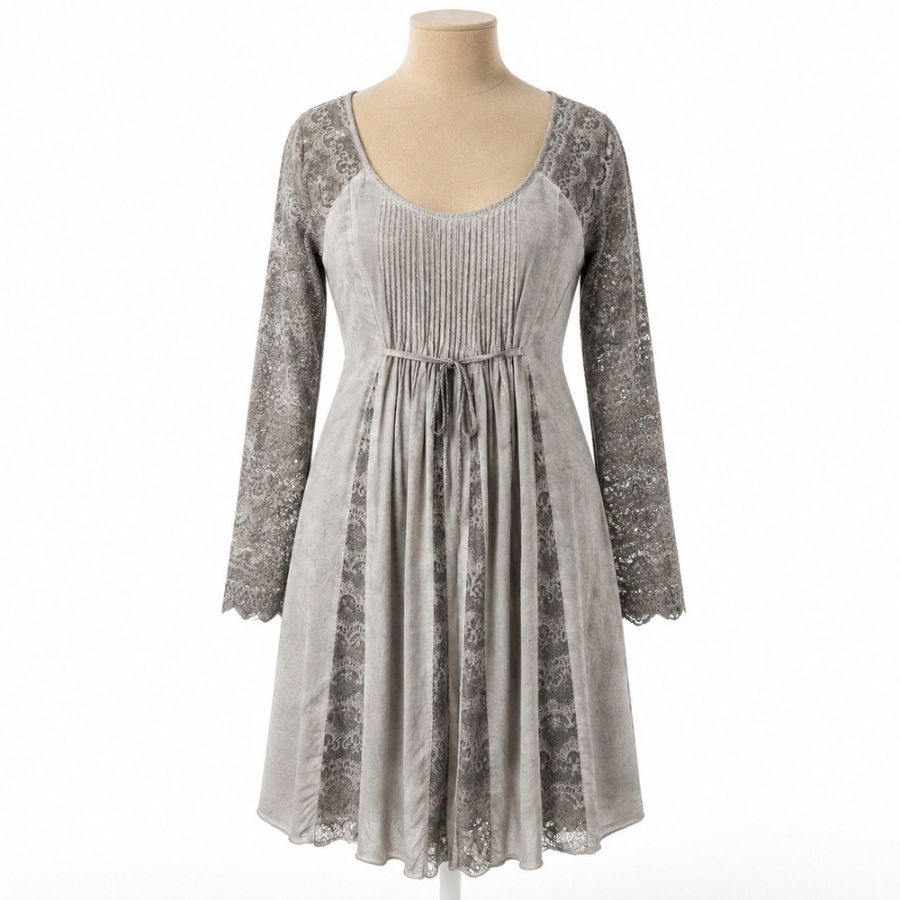 Y2K Lace Pintuck Empire Waist Mini Dress Size M Silver Long Sleeve Fairy Grunge